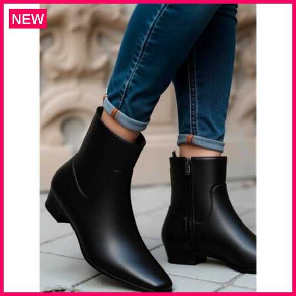 Women's Ankle Boots Low Heel Square Toe Chunky Heel Side Zipper Dressy - Picture 3 of 7